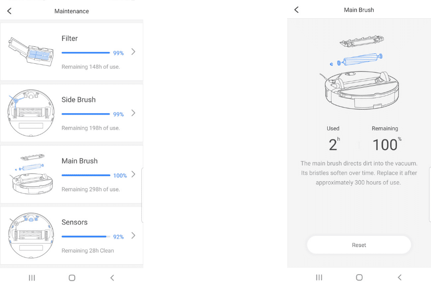 Maintenance instructions are shown in a robot vacuum cleaner mobile app.